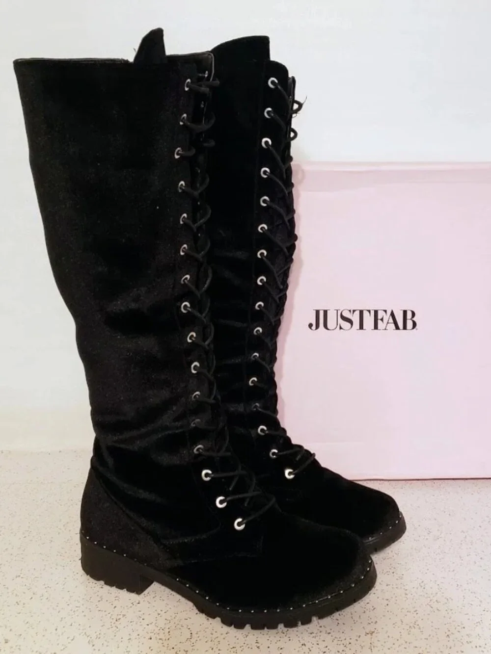 JustFab Ramona Black Velvet Tall Knee High Lace Up Combat Boots Women's Size 8